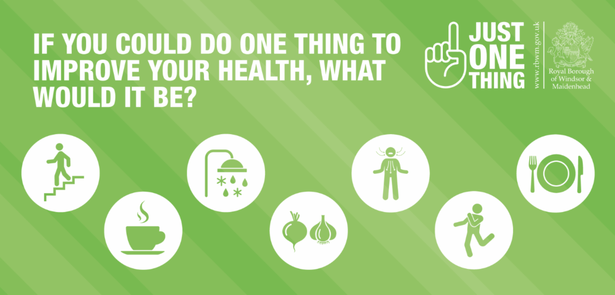 Light green graphic with different icons representing healthy habits. If you could do just one thing to improve your health, what would it be? Royal Borough of Windsor and Maidenhead